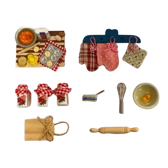 Dolls House Baking Accessory Set, 7 Pieces, Board, Rolling Pin, Jars, Bowl, Whisk, Chopping Board, Butter Dish, Oven Mitts