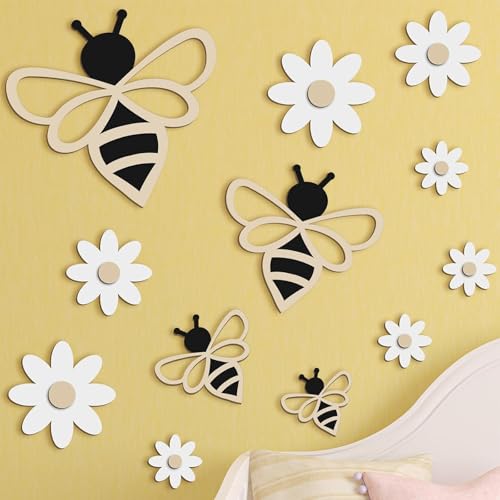 Wasise Bee Wall Art - 12PCS Wooden Bee Decor, Boho Daisy Flower Decor, Floral Walls Decor, Daisy Wall Art Hanging Floral Walls Sign for Nursery Indoor Outdoor Garden Yard Kitchen Housewarming Gifts
