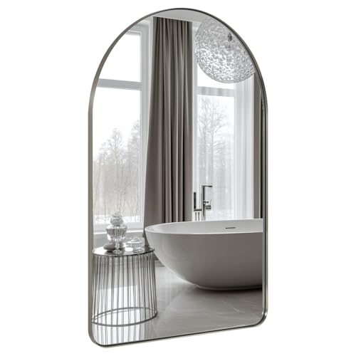 ANDY STAR 30 x 40 Inch Arched Mirror, Brushed Nickle Bathroom Mirror in Stainless Steel Metal Frame, Arch Top Rounded Corner 1 Inch Deep Set Design Wall Mount Hangs Vertical