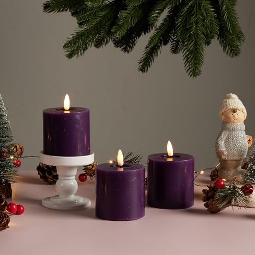 Image of Purple 3 inch Pillar Candles Set of 3 with Timer - Purple Flameless Candle Battery Operated Room Decor for Party, Birthday, Wedding, Halloween, Meditation, Prayer, Spiritual,