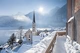 Cuadro de madera 110 x 70 cm: vista panorámica de la famosa ciudad Hallstatt Lakeside en invierno amanecer en un hermoso día frío y soleado a Weihnac (98279259)