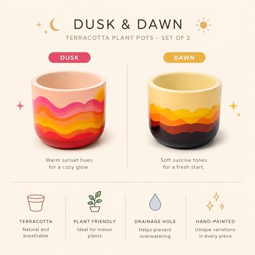 Image of Habere India-All the Cultures Fabricating India Hand Painted Terracotta Planter Set of 2 | Wave Sunset Design Indoor Plant Pot | Breathable Clay Pot with Drainage Hole(Set of 2: L12 x W12 x H10 cm)