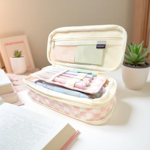 Image of Large Capacity Pencil Case Pouch with 5 Black Gel Pens (Pink plaid) | Expandable, Water-resistant, 4-compartment design, Versatile, Quality materials, Cute style, 0.5mm gel pens