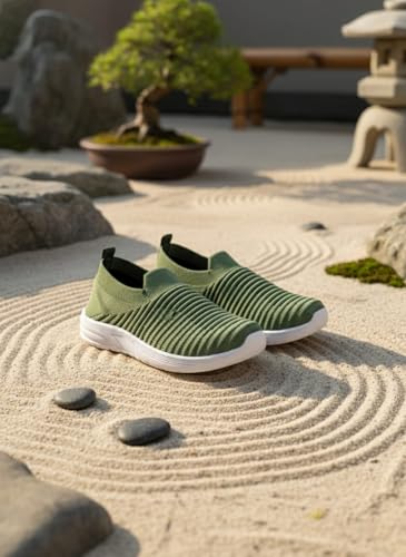 Image of Kids Slip-On Knit Sneakers, Olive Green, Lightweight Walking Shoes with White Sole