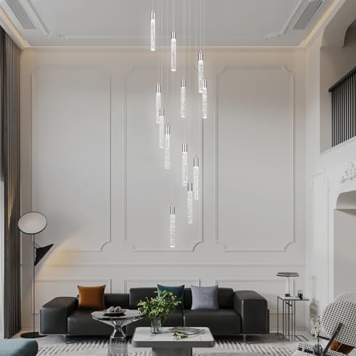 Image of 12 Light Living Room Chandelier Chrome Crystal Pendant Lights LED Dimmable 72W 6000K Staircase Large Chandelier Lobby Living Room Foyer High Ceiling Chandeliers