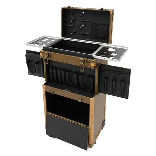MhdunueSK Rolling Lockable Makeup Train Case, Hair Stylist Rolling Case with Hairdryer Holder, Hairdressing Travel Case with Wheels, Cosmetology Case on Wheels, Trolley for Barber (Gold-Style F)