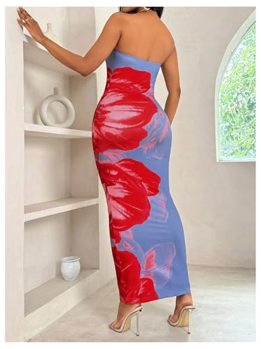 Image of GORGLITTER Women's Tropical Floral Y2K Strapless Bodycon Maxi Dress Summer Hawaiian Wedding Guest Cocktail Sun Dresses Blue Floral X-Small