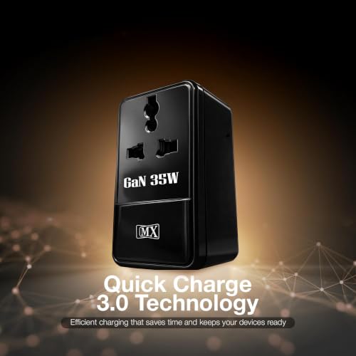 Image of MX 35W Universal Travel Adapter UK Plug, Dual USB-C PD Ports,GaN Fast Charger International Plug Adapter with Universal AC Socket for Laptop, MacBook, iPhone, Samsung Galaxy, iPad, Tablet - Black