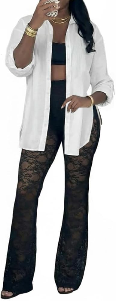 CHICME Women’s Button Down Shirt Collared V Neck Long Sleeve Slit Side Long Blouse Top with Curved Hem - Image 2