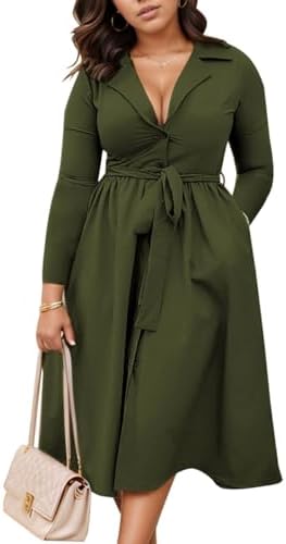 WUSENST Church Dresses for Women Long Sleeve Sexy V Neck A-Line S...