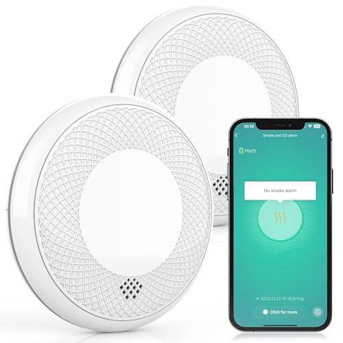 RUNIDUR Rauch und CO Melder Kombiniert WLAN, Smart Kombination Rauchmelder und Kohlenmonoxid Melder, Akkurater Sensor mit 10 Jahre Batterie,Testknopf und Lauter 85 dB Alarm, 2 Stück