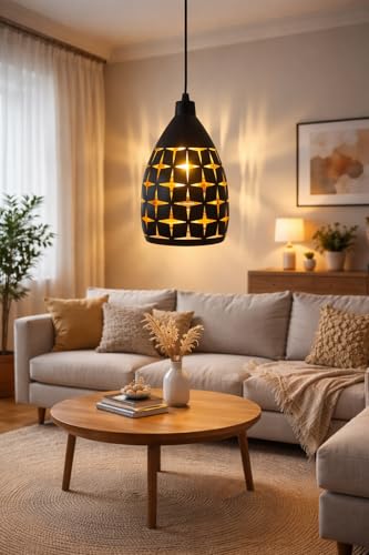 Image of Modern Black Star Cutwork Pattern Hanging Pendant Light with Height Adjustable Decorative Ceiling Lamp for Living Room, Bedroom, Dining Area, Cafe & Home Decor (Pack of 1)