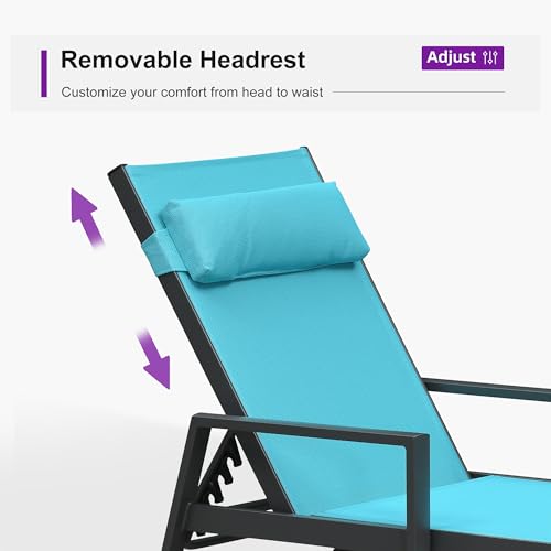 PURPLE LEAF Patio Lounge Chair Set of 3 Outdoor Chaise Lounger Aluminum Frame with Armrest Side Table and Wheels for Pool Outside Sunbathing Tanning Recliner Including Pillows Turquoise Blue — view 5