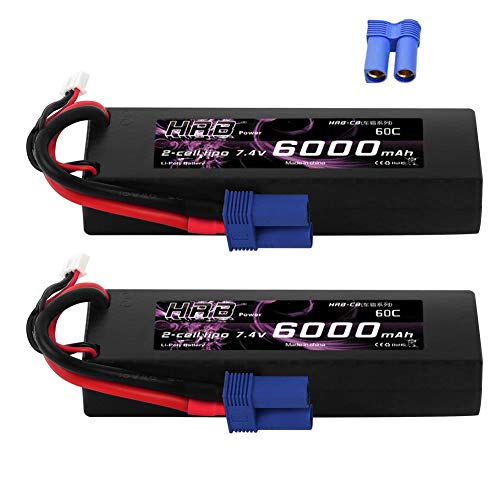 HRB 2Packs 2S 7.4V 6000mAh 60C Lipo Battery HardCase with EC5 Plug for Compatible with 1/8 1/10 Scale ARRMA RC Car Monster Truck Traxxass Slash, RC Airplane, RC Helicopter, RC Boat