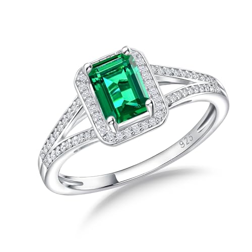 925 Sterling Silver Emerald Cut Engagement Ring Created Gemstome Cubic Zirconia Wedding Promise Ring Split Shank Halo Birthstone Rings for Women Size 6-10