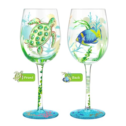NymphFable Copa de vino 100% pintada a mano, diseño de tortugas oceánicas, vidrio pintado artesanal, 15 onzas, regalo para amigos y familiares (1 unidad)