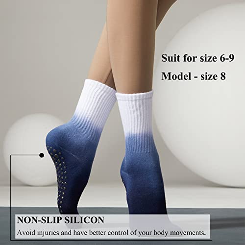 Fyourh Socks With Grippers For Women - 2 Pairs - Tie Dye Pilates Grip Socks - Non Slip Socks Women - Grip Socks For Women - Crew Socks For Women - Navy #TOP2