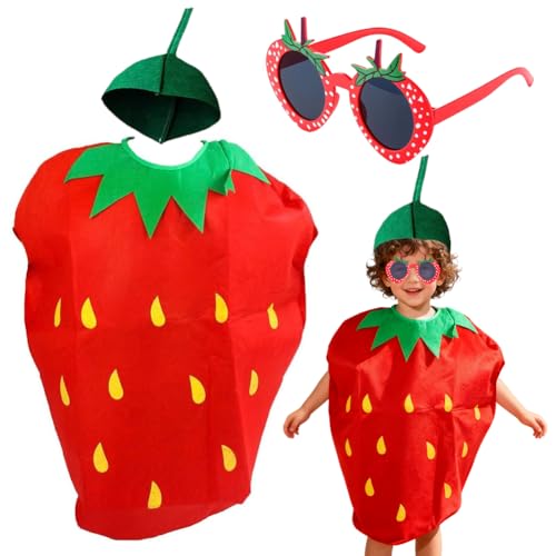 JhavexToy Costume Fraise Enfant avec Lunettes Fraise Ensemble de 2 Pièces, Deguisement Fraise Costume Enfant Garçon Fille, Fruit Costume, Enfants Costume, Convient pour garçon fille cosplay Halloween
