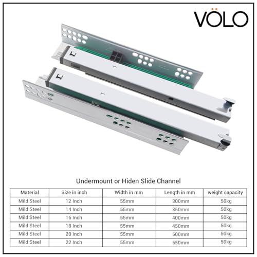 Image of Volo Undermount Drawer Slide Runner Bottom Undermount Channel Slide Silent Soft Closing Hydraulic with Locking Device (Capacity 40 Kg) (300mm, 12 Inch)