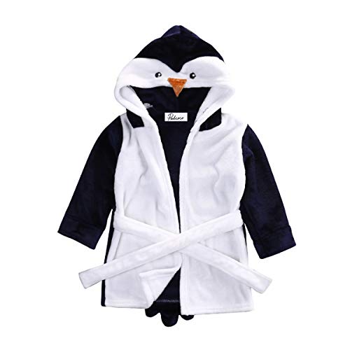 LXXIASHI Unisex Baby Soft Flannel Hooded Bathrobe Robe Sleepwear Unicorn Shower Pajamas Gift for Boys Girls (1-2 Years, Penguin - Blue White)