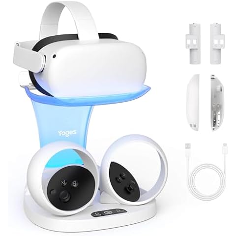 YOGES Charging Dock for Meta Quest 2, Fast Charging Station for Oculus Quest 2 & Controllers with 2 Rechargeable Batteries, VR Charging Stand Accessories for Quest 2, Support Elite Strap (Pure White) Cover