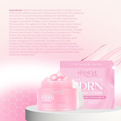 Haneve Skin Pink Collagen PDRN Capsule Cream – Hydrating & Radiance-Boosting Face Moisturizer with PDRN (Sodium DNA), Niacinamide 5% & Collagen Capsules – 60g / 2 oz