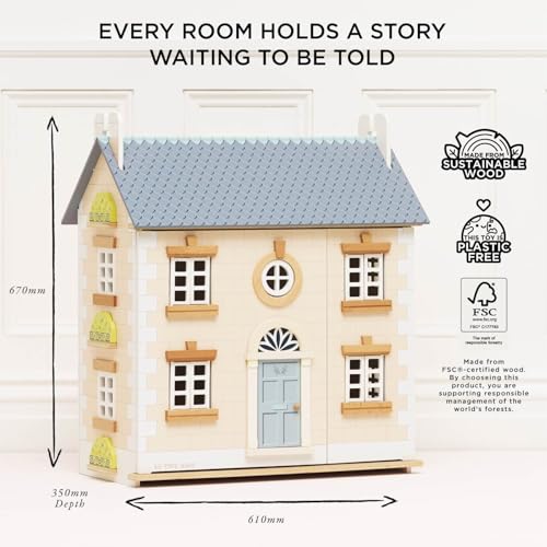 Image of Le Toy Van - Iconic Bay Tree Wooden Doll House | Dream House Wooden Dolls House Play Set | Great As A Gift | Suitable for Ages 3+