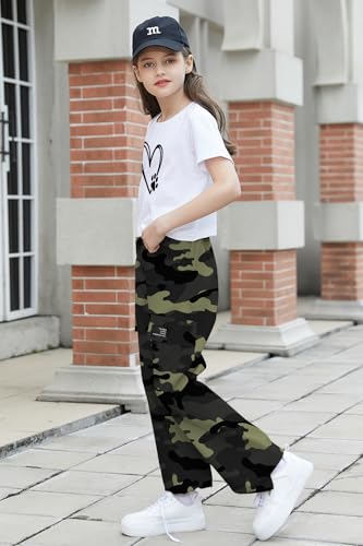 Image of Betusline Girls 2 Piece Outfits Short Sleeve Crop Top & Parachute Cargo Pants Set,4T-14 Years