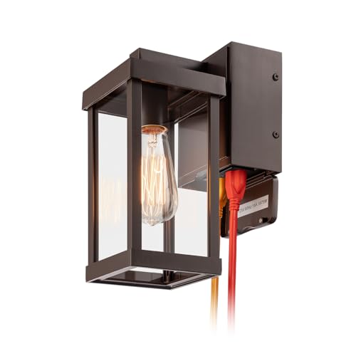 Image of mirrea 11 inch Classic Outdoor Wall Sconce with Built-in GFCI Outlet 1 Light in Rectangular Metal Frame and Clear Glass Shade Waterproof Porch Light Patio Light (Oil Rubbed Bronze)