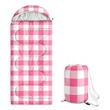 Wake In Cloud - Kids Sleeping Bag for Boys Girls Toddlers, Camping in Warm Cold Weather, Backpacking Lightweight Compact Outdoor Liner for 3 Seasons, Gingham Plaid, Hot Pink