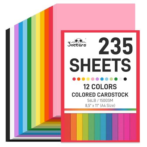 3 otters 235Sheets 8.5" X 11" Construction Paper Assorted Colors, 12 Colored Cardstock Printer Paper, for Printing, DIY Crafts, Party Decorations, Teacher Kids Classroom Must Have, 56 lb/150 GSM