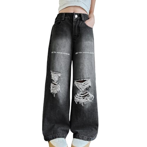 Girls Ripped Jeans Casual Elastic Waist Wide Leg Baggy Pants Kids Clothes 5-14 Years