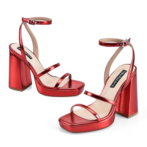 Image of MIRAAZZURRA Platform Strappy Heel Sandals Square Open Toe Two Strap Chunky High Heeled Sandals with Buckle Ankle Strap for Women Party Wedding Dress