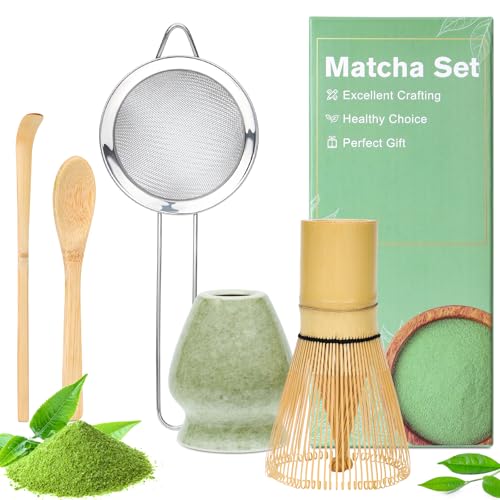 Alyvisun Matcha Tea Set, 5 Pcs Matcha Kit with Chasen and Matcha Whisk Holder, Sieve, Tea Scoop, Tea Pick, Matcha Whisk Set for Matcha Lovers, Green