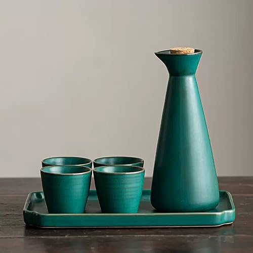 Juego de sake japonés REVLIE de cerámica verde con 4 tazas y bandeja retro 2