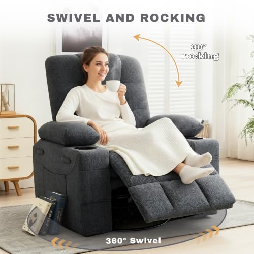 Image of Swivel Rocker Recliner Chair, Recliner Single Sofa with Massage, Manual Nursery Rocking Chair with Side Pockets & Cup Holder, Modern Recliner with Heating for Living Room, Apartment(Dark Gray)