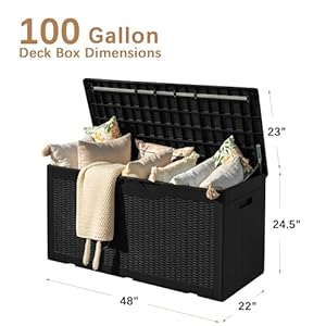 Devoko 97 Gallon Deck Box, Waterproof Resin Outdoor Storage Box for Outside and Patio, Large Outdoor Storage Bench Cabinet Lockable for Patio Furniture, Garden Tools and Pool Supplies (Black) Devoko 97 Gallon Deck Box Waterproof Resin Outdoor Storage Box for Outside and Patio Large Outdoor Storage Bench Cabinet Lockable for Patio Furniture Garden Tools and Pool Supplies Black