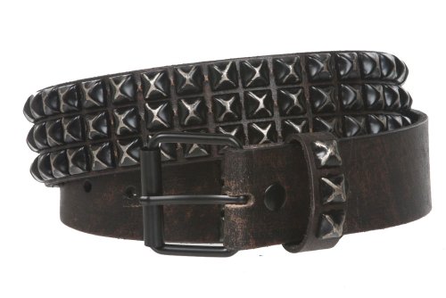 Snap On 1 3/4" Three Row Punk Rock Star Distressed Black Studded Leather Belt2