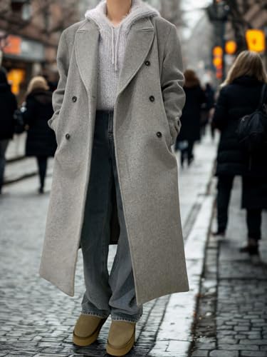 chouyatou Women Double Breasted Wool Coat Lapel Collar Long Peacoat Business Casual Trench Coat with Belt3