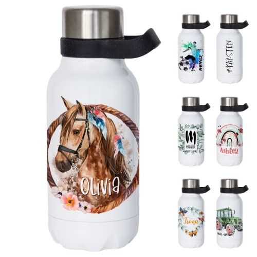 Thermosflasche mit Henkel - Trinkflasche personalisiert mit Namen, auslaufsicher, BPA-frei, Edelstahl, Kohlensäure geeignet (Pferd, 550ml) Cover