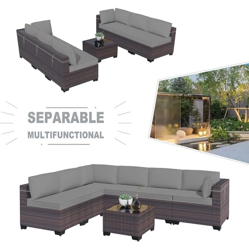 Kullavik 10PCS Outdoor Patio Furniture Set,PE Wicker Rattan Sectional Sofa Patio Conversation Sets with Tempered Glass Table,Swivel Rocking Chairs Set,Grey