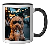 Funny Goldendoodle Drinking Iced Coffee Cool Dog Sunglasses Ceramic Mug, Black/White