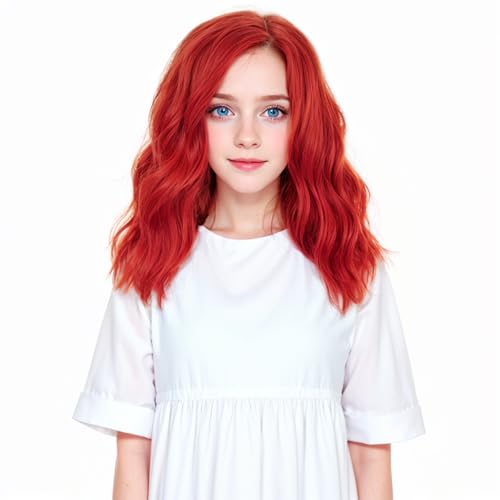MEDO Red Wig Kids Child Wig Short Wavy for Gilrs 12inch Shoulder Length Cosplay Party Heat Resistant Synthetic Hair Wig (Red)