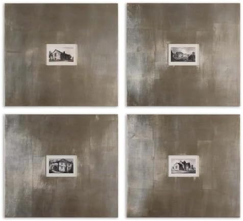 Uttermost 41295 Historical Buildings - 21.125" Vintage Wall Art (Set of 4), Champagne Silver Leaf/Light Brown Finish