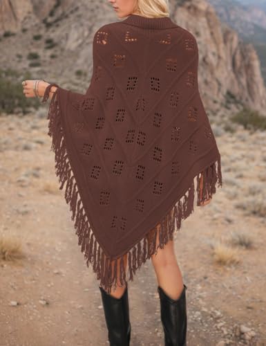 Women's Fashion Fringe Knitted Poncho Cape Lapel Hollow Crochet Shawl Cloak Loose Over Knitted Sweater2