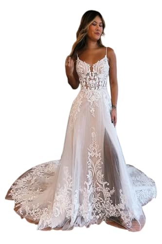 Bohemian Wedding Dresses for Bride 2025 Spaghetti Straps Beach Bridal Dress with Slit Lace Appliques Tulle Luxury Wedding Gowns Backless Ivory US14 He0199A6