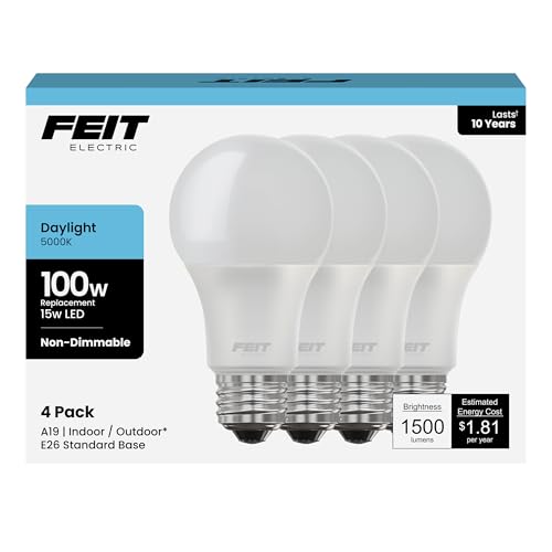 Feit Electric A19 LED Light Bulbs, 100W Equivalent, 1500 Lumens, Daylight 5000K, 15W, 11,000-Hour Lifespan, General Purpose Indoor/Commercial Use, A1600/850/10KLED/4, 4 Pack