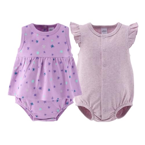 Image of The Peanutshell Baby Girl Rompers 2 Pack - 100% Cotton Clothes and Dresses for Newborn, Infant and Baby Girls - Lilac Stars