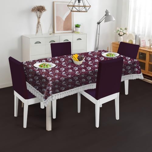Image of The Furnishing Tree Waterproof PVC Rectangle Shaped 6 Seater Table Cover WxL 60x90 inches Floral Pattern Magenta with White Border lace
