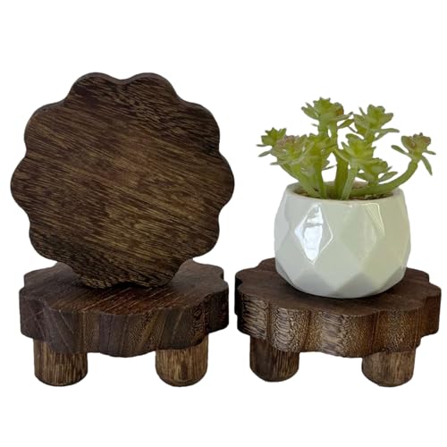 DEMULANS 3 Pack Tiny Scalloped Wood Risers for Display Small Wooden Stands with Removable Feet Farmhouse Rustic Decor for Table Tiered Trays Home Kitchen Decoration (Mini Dark Brown 4 Inch)